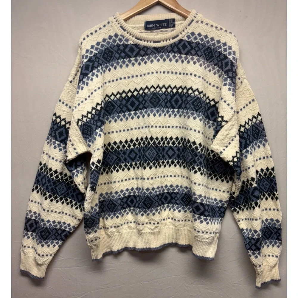 John Weitz Pullover Sweater Men's White Blue Crew‎ Neck Argyle Stripe XL Vintage